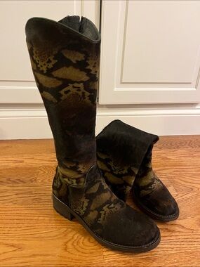 Soft calfskin Italian Women's Tall Patterned Suede Boots in Olive Brown